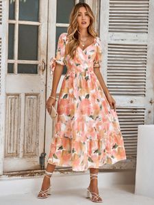 Vestidos casuais básicos WildPinky Vestido feminino de verão Estampa floral elegante Vintage Longo cintura alta Manga bufante para mulheres Vestido 230619