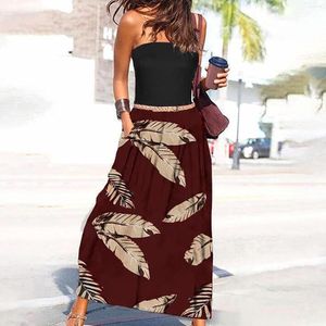 Casual klänningar 2023 Kvinnor Summer Long Dress Off Axel Tube Top Beach Hem Feather Print Sleeveless Sundresses Axless Gothic