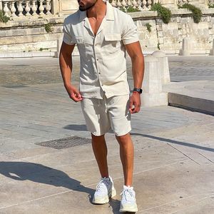 Herrespår Fashion Solid Color Kort ärmfickor Skjorta och shorts Bomullslinne Set 2023 Spring Summer Men Clothing Two Piece Suits 230619