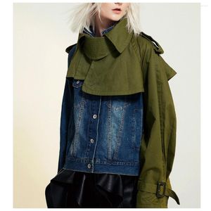 Women's Jackets Design Military Green Patchwork Denim Jacket Women Autumn Pockets Long Sleeve Casual Baseball Jeans Pilot Asymmetry Coat