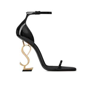 Designer Sandal Opyum Sandals Women Stilettos Metal Heel Crystal High Heels Buckle Rubber Slides Luxury Party Wedding Show Black Leather Dress Shoes