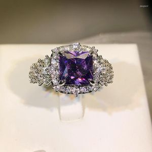 Cluster Rings Ladies Fashion 925 Sterling Silver Amethyst Ring Women Vintage Finger Purple Crystal Wedding Engagement Trendy Jewelry