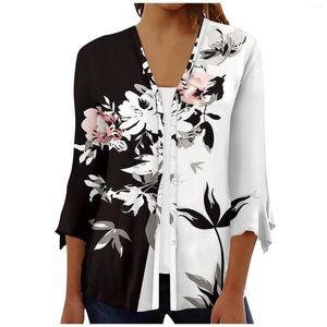 Camiseta feminina Temperamento Camisa casual feminina elegante de manga comprida feminina estampa floral manga três quartos botão cardigã