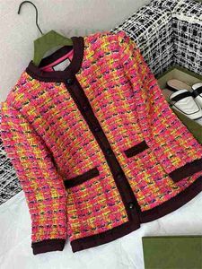 Women's Jackets designer Spring/Summer New Round Neck Contrast Gold and Silver Shiny Silk Loose Colored Plaid Coat EJUD