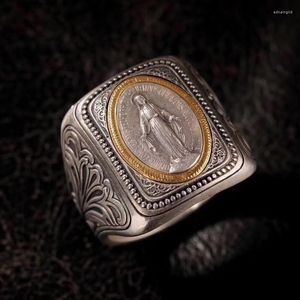 Cluster Rings Hand-inlaid Vintage Silver Ring Literary Faith Holy Brand Ancient Coin Atmosphere Male Jewelry Accessories