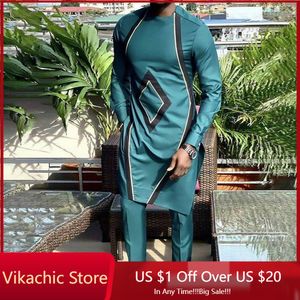 Tute da uomo Dashiki Abbigliamento africano per uomo Casual Abito con stampa geometrica verde Camicia a maniche lunghe Pantaloni Abito africano per uomo Set 2 pezzi 230619