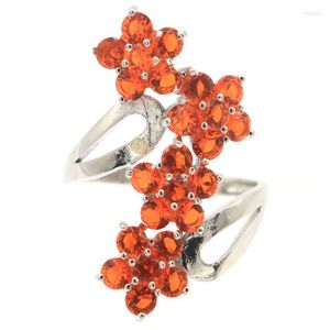 Cluster Rings 6g 925 SOLID STERLING PRATA Anel Fantastic Flowers Shape Orange Spessartine Garnet Red Blood Ruby Iolite