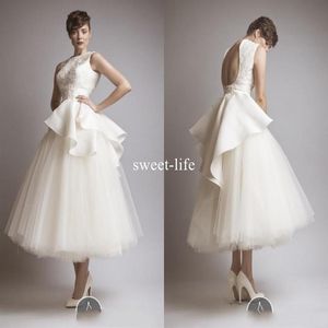 2020 Krikor Jabotian Yeni Vintage Kısa Gelinlik Peplum Dantel Tül Arka Eksiz Mücevher Çay Uzunluğu Sheer Beach Party Bridal Go233D