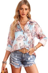 Ny design Boho kläder Paisley Print Lantern Sleeve Button Down Women Shirt