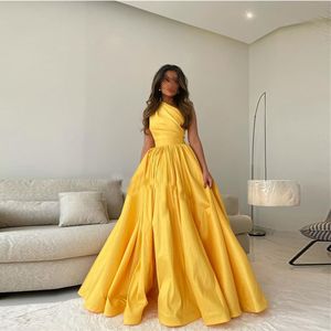 A-Line Yellow Evening Dresses Long 2023 Elegant Saudi Arabia Stain One Shoulder Robes De Soiree Simple floor length Formal Prom Occasion Gown