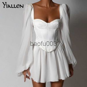 فساتين غير رسمية Yiallen Women Fashion الأنيقة عالية الخصر نحيف الصلبة المكتب الأبيض سيدة A-Line Mini Dress Summer Summer Women Party Dress Hot J230619