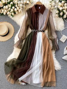 Casual Kleider 2023 Frühling Sommer Mode Kontrast Farbe Patchwork Mesh Hemd Kleid Frauen Langarm Einreiher Schärpen Midi Vestidos