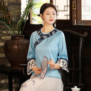 エスニック服レトロ刺繍タンスーツ女性の短気質中国の傾斜計画丸い首修正されたチョンサムジャケット