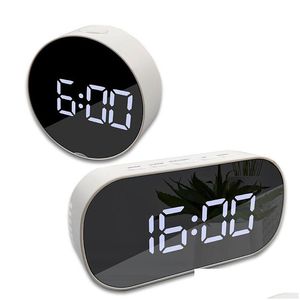 Skrivbordklockor Portable Digital Display Alarm Clock Night Light Round Oval Mirror LED Large Bedside Drop Delivery Home Garden de DHO90
