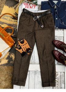 Calças masculinas de tweed cintura média reta estilo clássico empresarial vintage