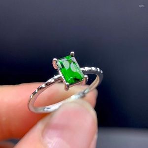 Cluster Rings Fashion Delicate Square Slub Natural Green Diopside Gem Ring S925 Silver Gemstone Women's Girl Office Jewelry