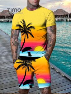 Fatos de treino masculinos Havaí Conjunto de camisetas masculinas de 2 peças Moda praia Casual Manga curta TopShorts Moderno Conjunto de impressão 3D em paisagem de coco 230617