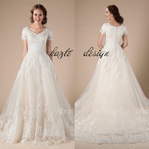 A-line koronkowy tiul vintage skromne sukienki ślubne z krótkimi rękawami aplikacje formalne wiejskie sukienki ślubne świątynia Bridal2635