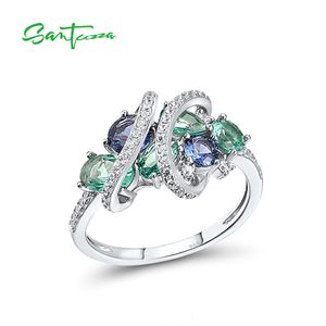 Pierścień Solitaire Santuzza 925 Srebrne pierścienie dla kobiet Zielony niebieski spinel biały CZ CZ Oryginalne prezenty ślubne Anillos Fine Jewelry 230617