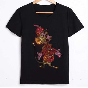 Kadın T-Shirt Yeni 2022 Yaz Kısa Kollu Tişörtler Sıcak Matkap Karikatür Baskı Büyük Boy Tişört S-5XL Büyük Boyut J230619