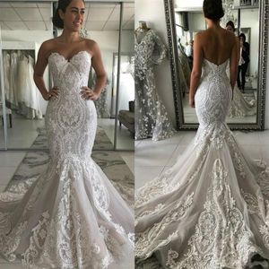 2020 New Sexy Fashion Mermaid Wedding Dresses Sweetheart Lace Appliques Sleeveless Sweep Train Open Back Plus Size Formal Bridal G2843
