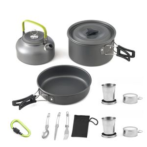 Camp Kitchen Outdoor Pots Pani Camping Camping Cureware Picnic Gotowanie Zestaw stolików bezstronnych ze składaną łyżką widelca Kettle kubek 230617