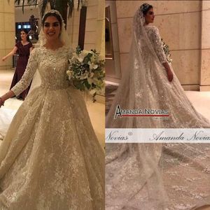 Chamagne 3D Flowers Ball Gown Wedding Dresses Muslim långa ärmar Öppna rygg plus storlek Brudklänning riktiga bilder305T