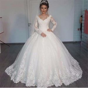 Gorgeous V-neck Ball Gown Long Sleeve Wedding Dresses 2020 Lace Applique White Wedding Gowns robe de mariage2589