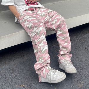 Мужские брюки Harajuku Camou Широкие грузовые брюки Hiphop Zipper Многократный розовый камуфляж Микро-расщепленные брюки для мужчин Слим-женские одежды 230619