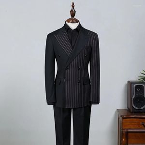 Mäns kostymer svart vit bred randig toppade lapel män 2 stycken smal passande dubbelbröst terno maskulino bröllop brudgummen tuxedos blazer