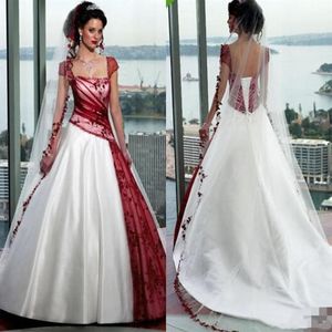 Retro Design White and Red Wedding Dresses Cap Sleeve Applicies Lace Pleated Tulle Satin A Line Brudklänningar Anpassad storlek335o