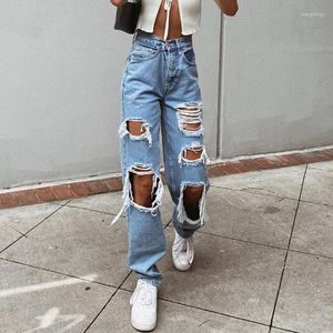 Kvinnors jeans nödställda streetwear hole hip hop höga midja byxor rippade vintage kvinnas mode raka denim byxor sommar jean