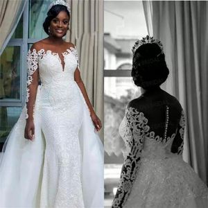 Abito da sposa a sirena per ragazze nere sudafricane Tulle Overskirt maniche lunghe Garden Country Church Sposa Abito da sposa Custom Made P275Y