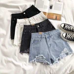 Kvinnors shorts avslappnad hög midja denim Kvinnor Summer Plus Size Pocket Tassel Hole Ripped Jeans Short Female Femme Pants 230619