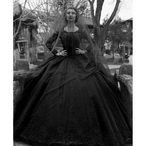 Luxury Black Gothic Plus Size Ball Gown Wedding Dress Bridal Gowns Square Neck Long Sleeve Appliques Sequins Beaded Tiered Skirts 251J
