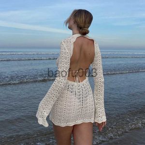 Casual Dresses Vintage Crochet Flower Hollow Out Dress Cover-Ups Chic Women Sexy Knit Backless Tie-up Mini Dress Summer Beach Holiday Bodycon J230619