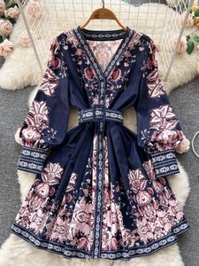 Casual Dresses 2023 Fashion Paisley Flower Dress Womens V Neck Long Lantern Sleeve Floral Print Buttons Down Sashes Short Mini Vestidos