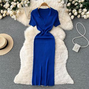 Party Dresses Slim Polo Neck Summer Knitted Sheath Long Dress Women Stretch Casual Bodycon Robe Ete Sexy Split Knit Tunic Club Vestidos