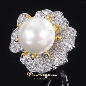 Cluster Rings Vinregem Elegance 14MM Lab Pearl Created Sapphire Gemstone Flower Ring For Women Gift Anniversary Cocktail Jewelry Wholesale