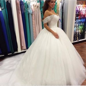 Novos grânulos de cristal fora do ombro querido renda branco vestidos de baile vestidos de noiva para noivas vestidos de casamento inchados297m