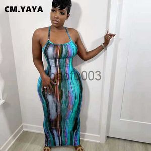 Casual Dresses CM.yaya Tie Dye Print Halter Öppna rygg Maxi -klänning för kvinnor Bodycon ärmlös delad Back Pencil Midi Long Dresses Summer 2021 J230619