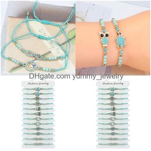 Chain 12Pc/Set Green Turtles Animal Owl Bracelet With Blue Beads Handmade Women Men Drop Delivery Otyiz