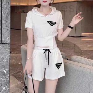 Women's Two Piece Pants designer 2022 Set Summer Casual Suit Short Sleeved Hoodie Elastic Shorts With Triangle Badge Sweat VLMT