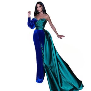 Vintage Royal Blue Velvet aftonklänningar Sexig En lång puff ärm Arabia Formella promklänningar veckar Satin Party Dress