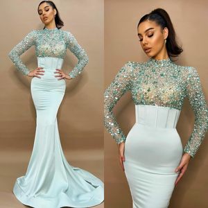 Sexig Mint Green Mermaid Prom Dresses High Neck långa ärmar paljetter aftonklänningar semi formell röd matta lång speciell tillfälle klänning