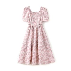 2023 Summer Pink Floral Print Dress Short Sleeve Square Neck Midi Casual Dresses W3L046301