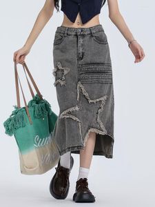 Skirts Long Denim Skirt Jean Embroidered Stars High Waist Midi Maxi Vantage Y2k Gypsy For Women 2023 Streetwear 4XL