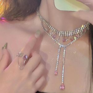 Kolye Kolyeler Moda Gümüş Renk Tam Rhinestone Gerletici Kadınlar İçin Pembe Kalp Kristal Düğünler Takı Parti Hediyeleri