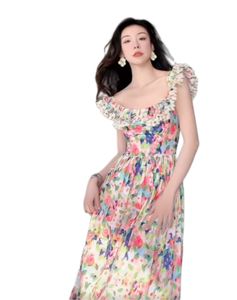 Kvinnors strandsemestermålning blommor tryck ruffles krage hög midja maxi lång klänning smlxl