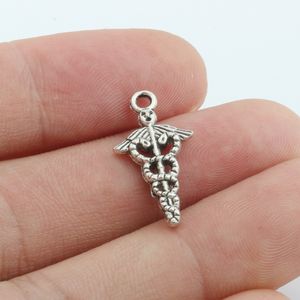 100 Stück Charms, Caduceus-Symbol, antikes Silber, Anhänger, Bastelarbeiten, Herstellung von Erkenntnissen, handgefertigter tibetischer Schmuck, A-10